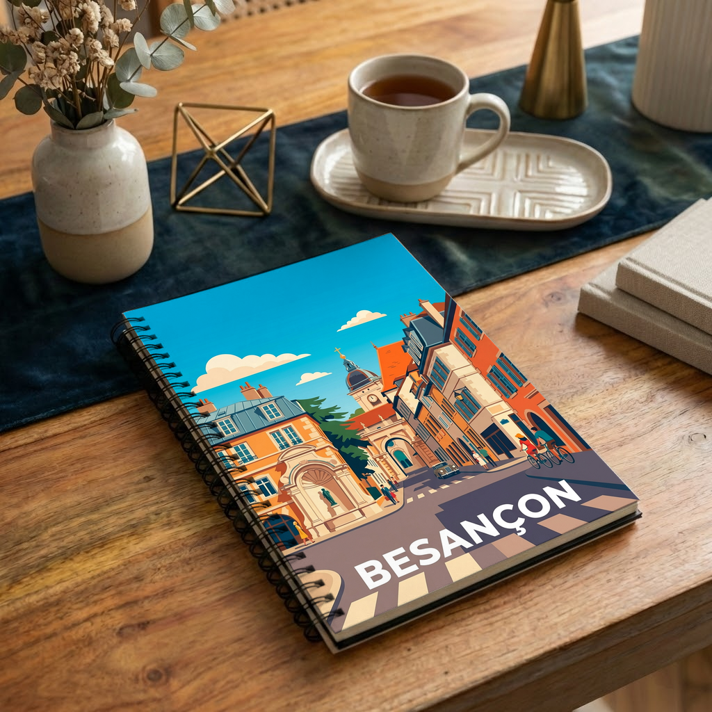 Carnet souvenir de la ville de Besançon avec une illustration stylisée et colorée.