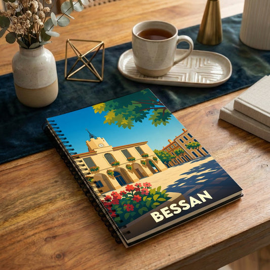 Carnet souvenir à spirale de la ville de Bessan avec une illustration colorée et stylisée.