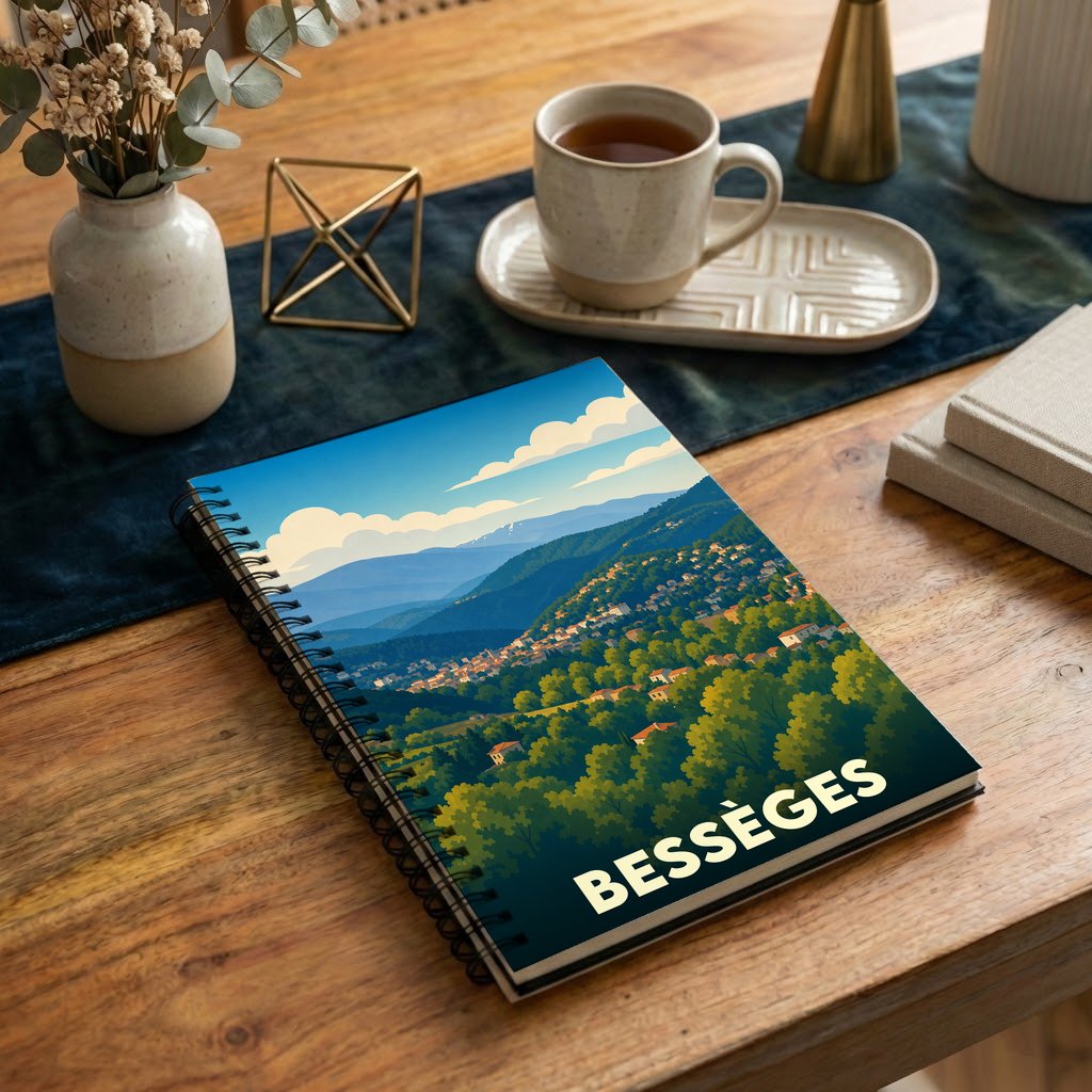 Carnet à spirales souvenir de la ville de Bessèges avec une illustration stylisée de son paysage vallonné.