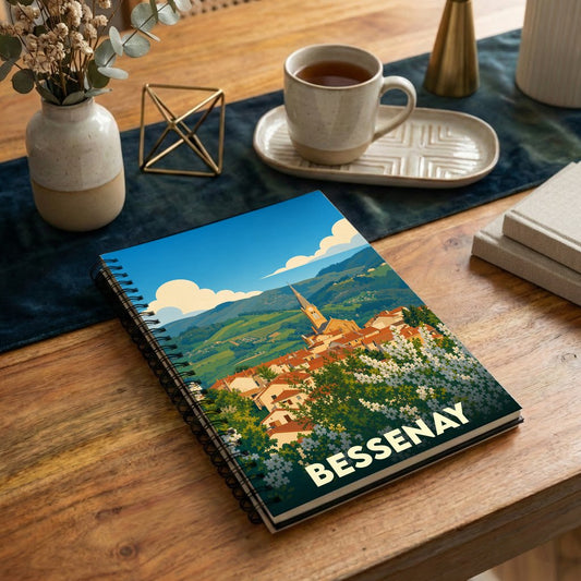 Carnet souvenir de la ville de Bessenay avec une illustration paysagère stylisée.