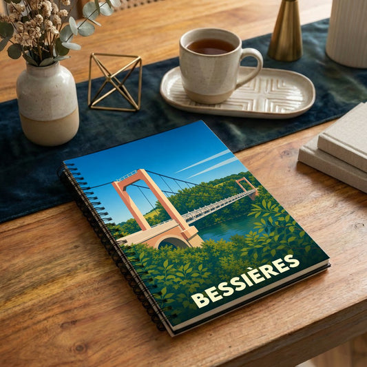 Carnet à spirales souvenir de la ville de Bessières avec une illustration stylisée de son pont suspendu.