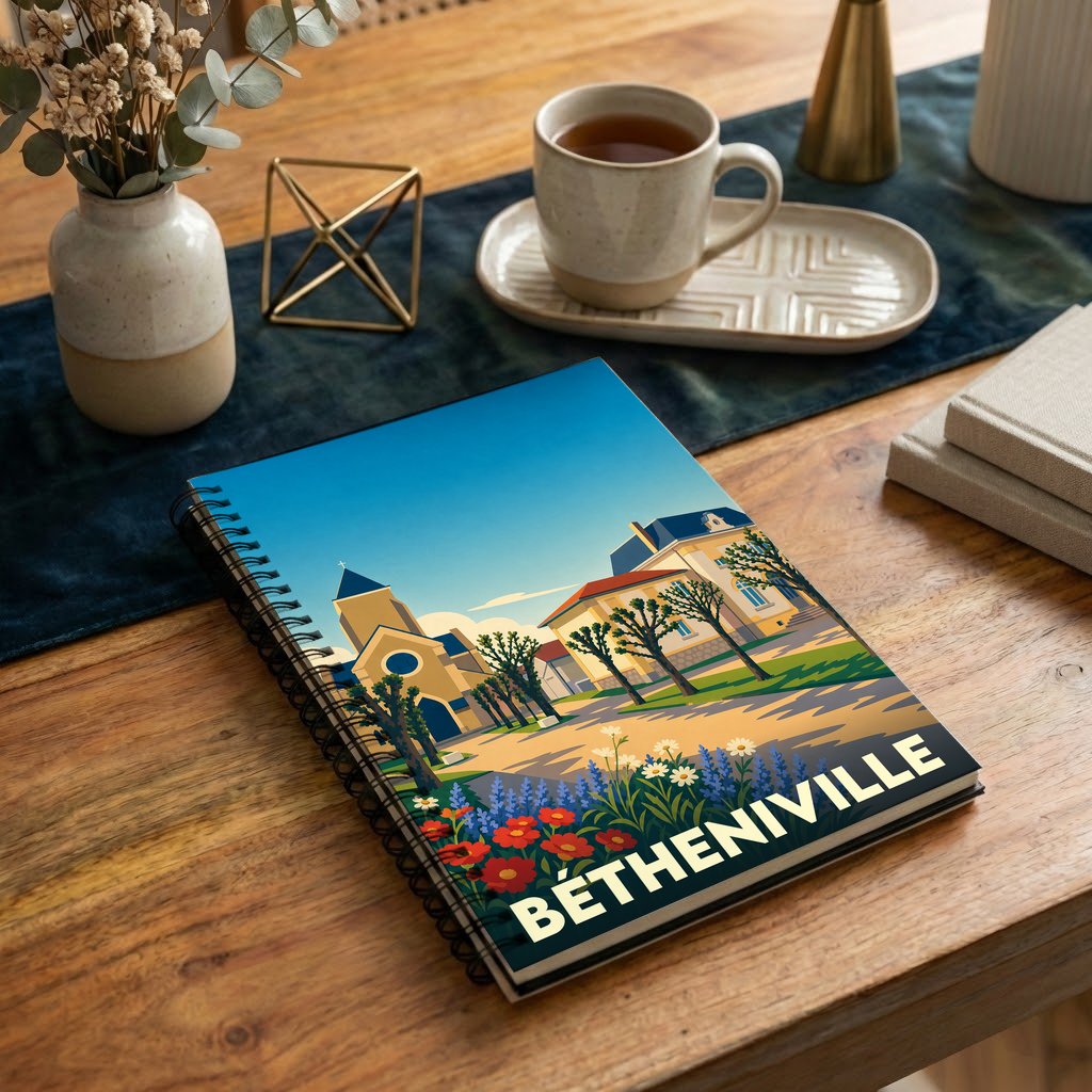 Carnet à spirales souvenir de la ville de Bétheniville avec une illustration stylisée.