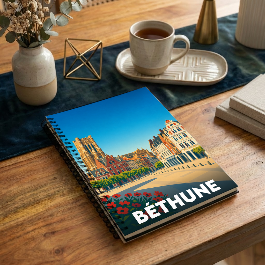 Carnet souvenir de la ville de Béthune avec une illustration stylisée et colorée.