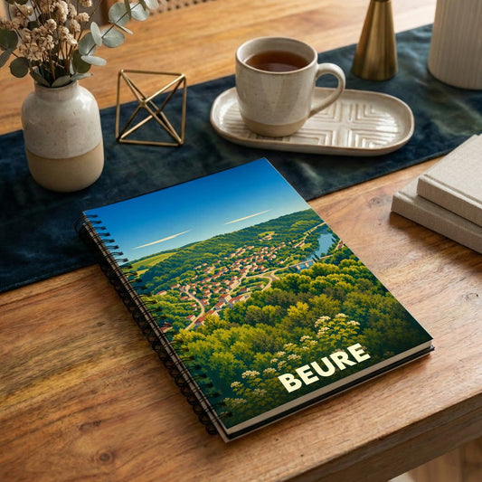 Carnet de notes souvenir de la ville de Beure orné d'une illustration paysagère stylisée.