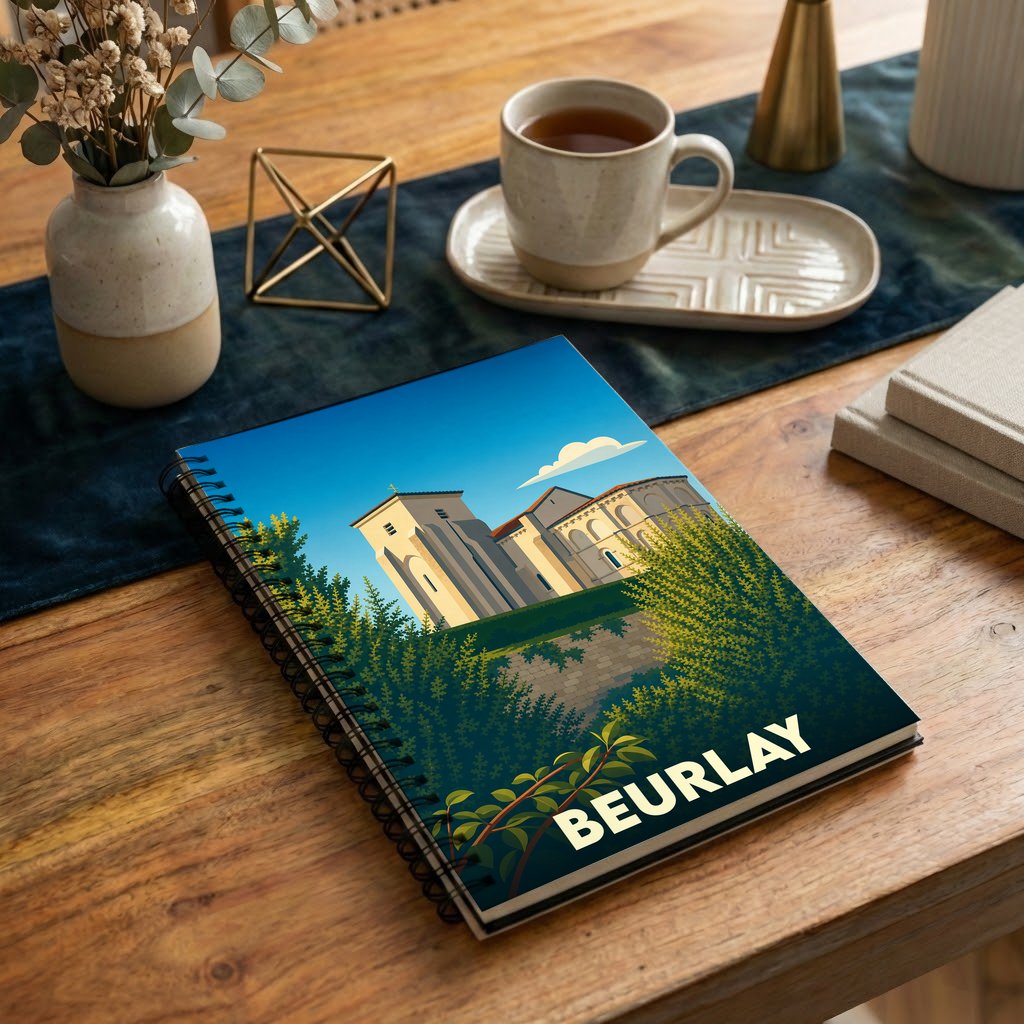 Carnet souvenir de la ville de Beurlay avec une illustration stylisée.
