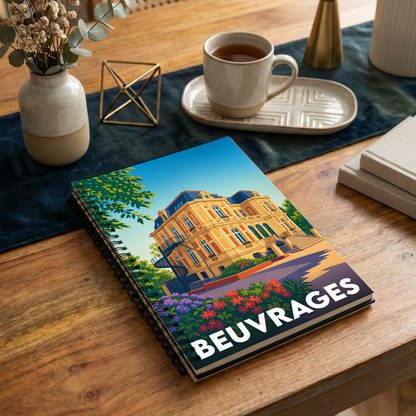 Carnet souvenir de la ville de Beuvrages avec une illustration stylisée d'un bâtiment historique.