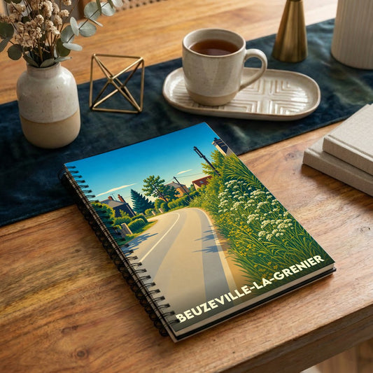 Carnet souvenir de la ville de Beuzeville-la-Grenier avec une illustration paysagère stylisée.