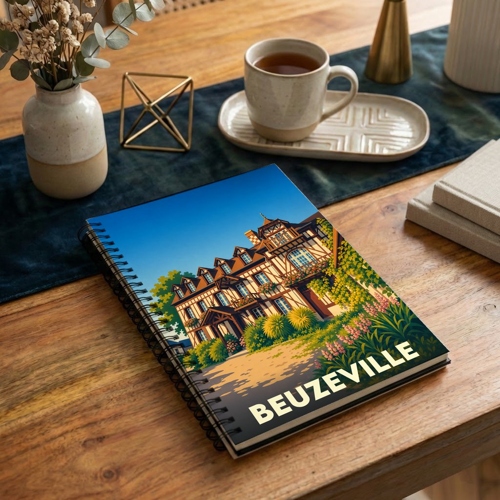 Carnet à spirales souvenir de la ville de Beuzeville avec une illustration stylisée d'un manoir normand.