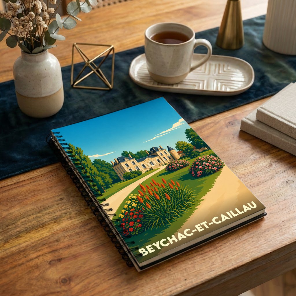 Carnet de notes à spirales souvenir de Beychac-et-Caillau illustré d'un château dans un parc paysager.