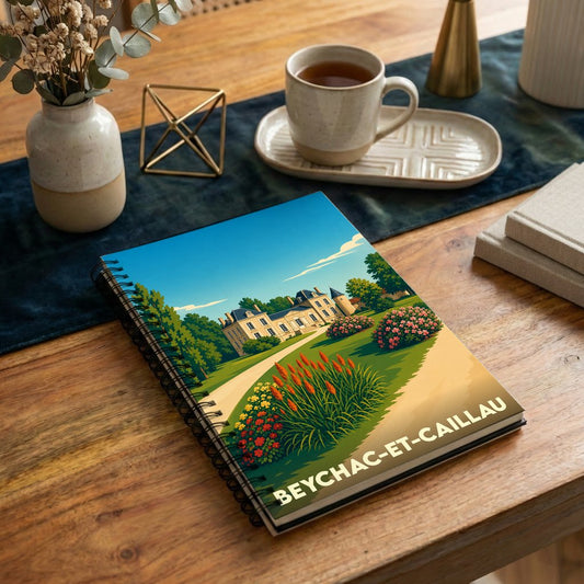 Carnet de notes à spirales souvenir de Beychac-et-Caillau illustré d'un château dans un parc paysager.