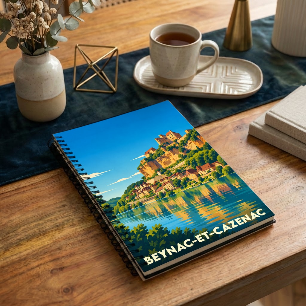 Carnet souvenir de la ville de Beynac-et-Cazenac avec une illustration stylisée de son château et de la rivière.