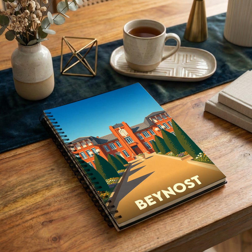 Carnet souvenir de la ville de Beynost avec une illustration stylisée de sa mairie.