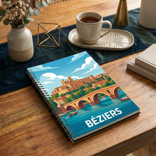 Carnet souvenir de la ville de Béziers avec une illustration stylisée de ses monuments emblématiques.