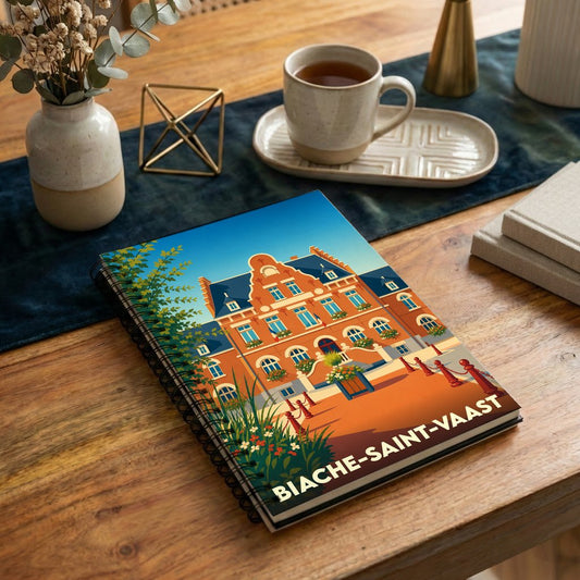 Carnet souvenir de la ville de Biache-Saint-Vaast avec une illustration stylisée de son hôtel de ville.