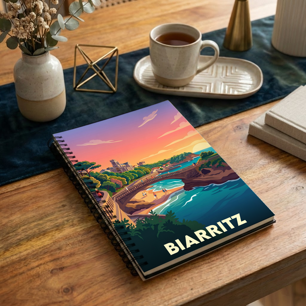 Carnet souvenir de la ville de Biarritz avec une illustration stylisée de son littoral.