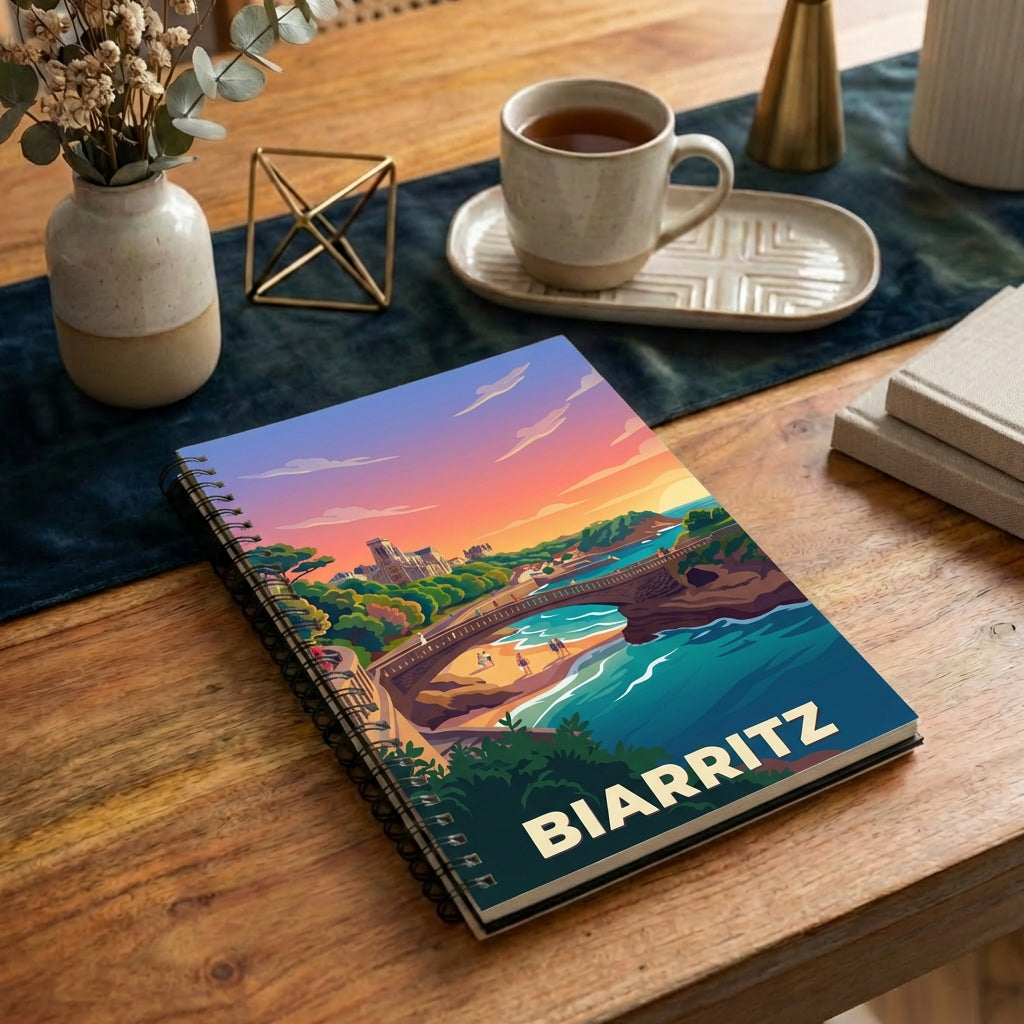 Carnet souvenir de la ville de Biarritz avec une illustration stylisée de son littoral.