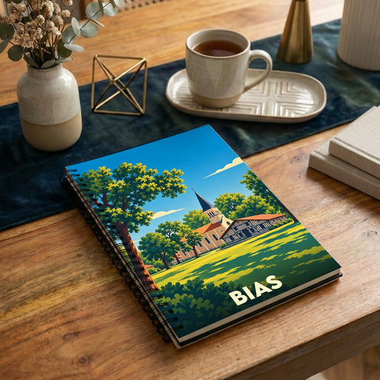 Carnet de notes souvenir de la ville de Bias avec une illustration stylisée de son église et de ses paysages landais.