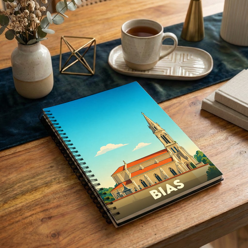Carnet souvenir de la ville de Bias avec une illustration stylisée de son église sous un ciel bleu.