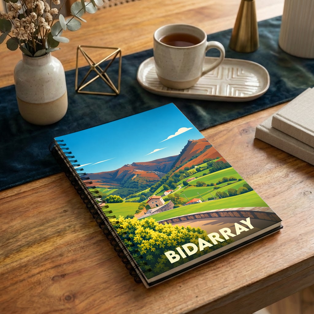 Carnet à spirales souvenir de la ville de Bidarray avec une illustration stylisée de paysages montagneux.