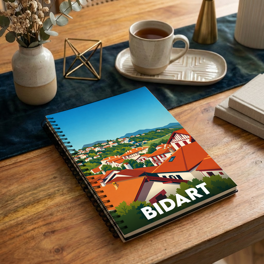 Carnet de notes à spirales souvenir de la ville de Bidart avec une illustration stylisée de ses maisons basques.