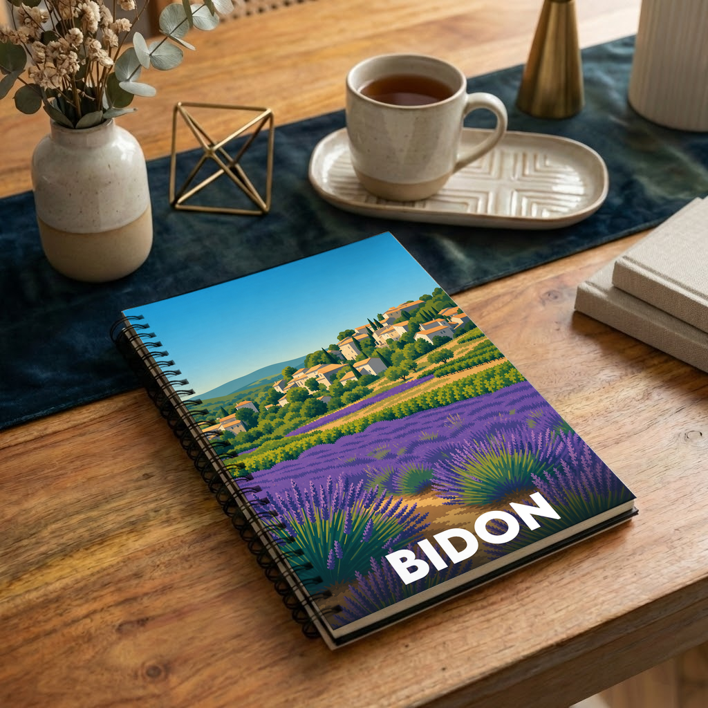 Carnet souvenir de la ville de Bidon avec une illustration stylisée d'un paysage de Provence.