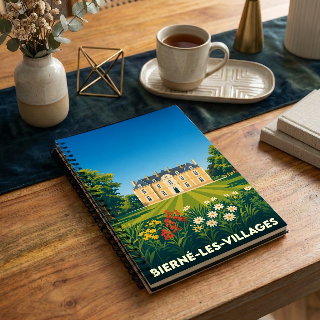 Carnet de notes à spirales souvenir de Bierné-les-Villages illustré par un château entouré de fleurs.