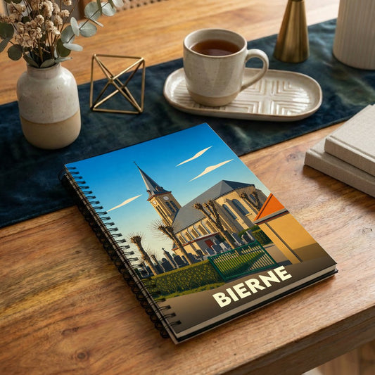 Carnet souvenir de la ville de Bierne avec une illustration stylisée de son église.