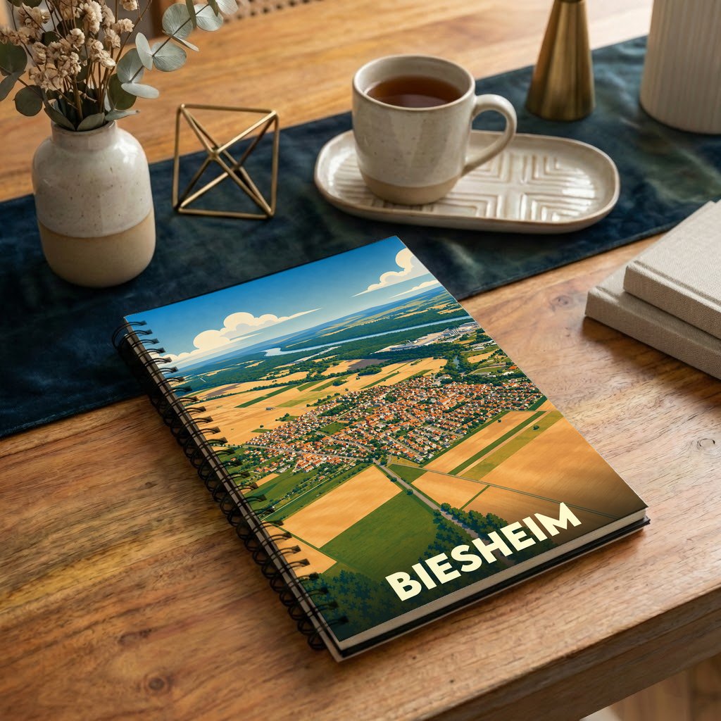 Carnet à spirales souvenir de la ville de Biesheim avec une illustration aérienne stylisée.