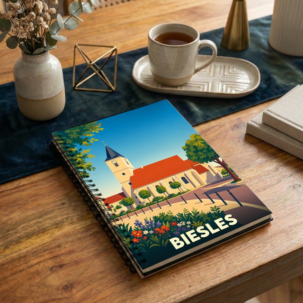 Carnet à spirales souvenir de la ville de Biesles avec une illustration stylisée de son église.