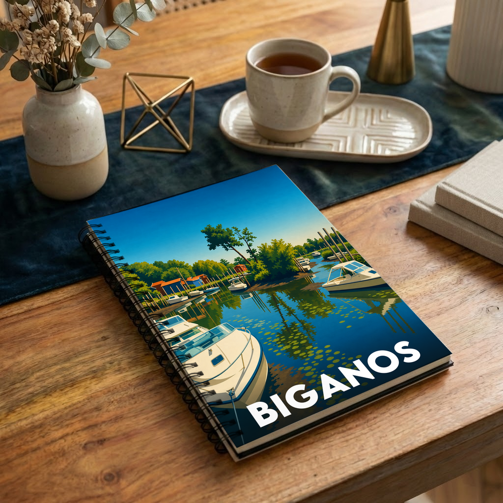Carnet souvenir de la ville de Biganos avec une illustration stylisée de son port.
