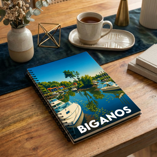 Carnet souvenir de la ville de Biganos avec une illustration stylisée de son port.