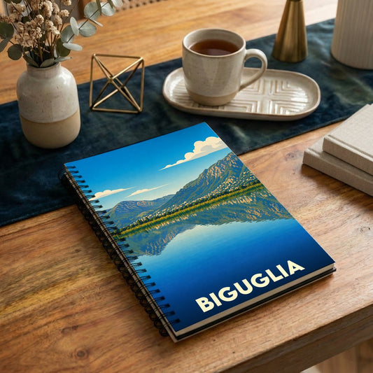 Carnet souvenir de la ville de Biguglia orné d'une illustration stylisée de son étang et des montagnes.