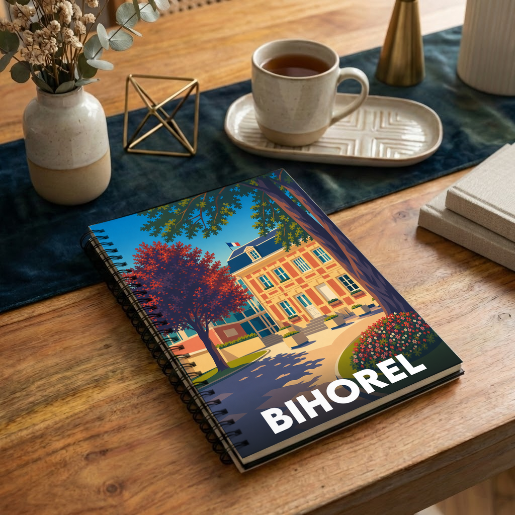 Carnet souvenir de la ville de Bihorel avec une illustration colorée et stylisée de son architecture.