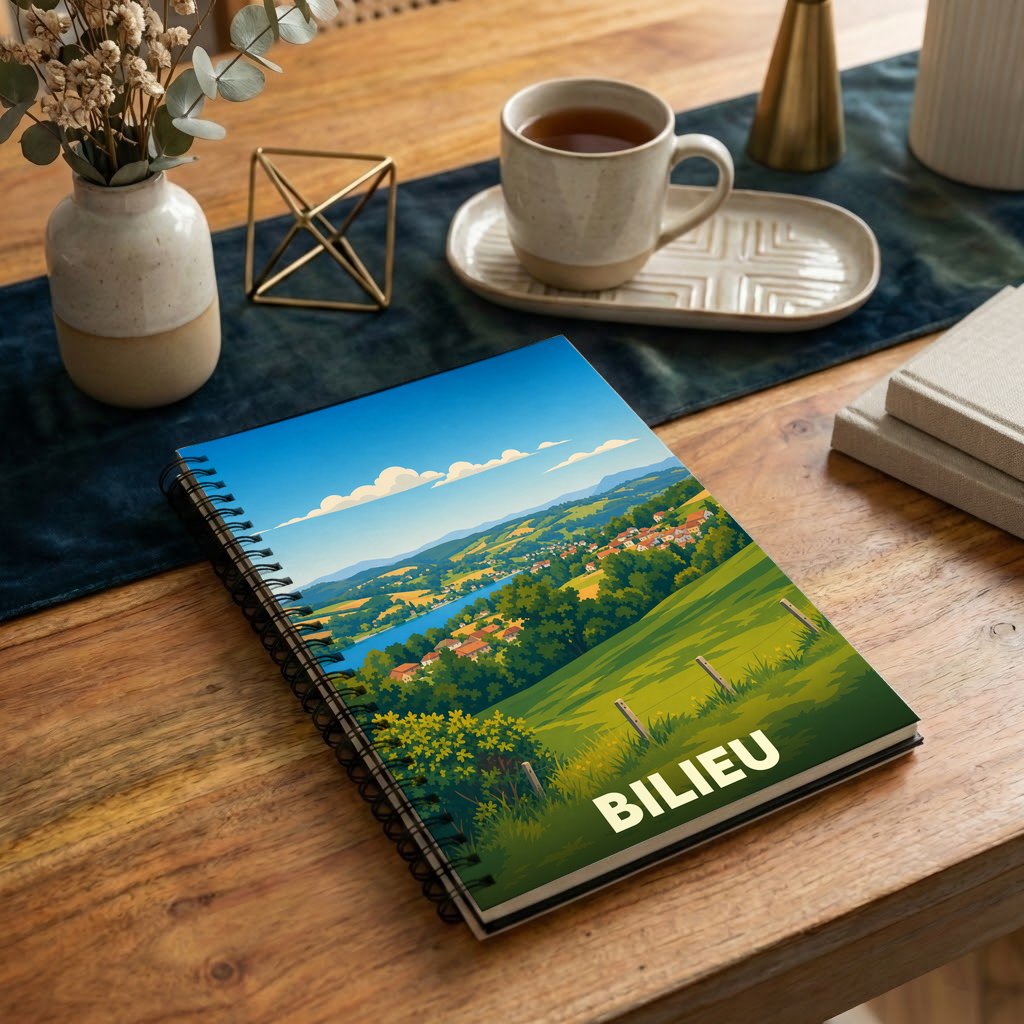 Carnet de notes souvenir de la ville de Bilieu orné d'une illustration paysagère stylisée.