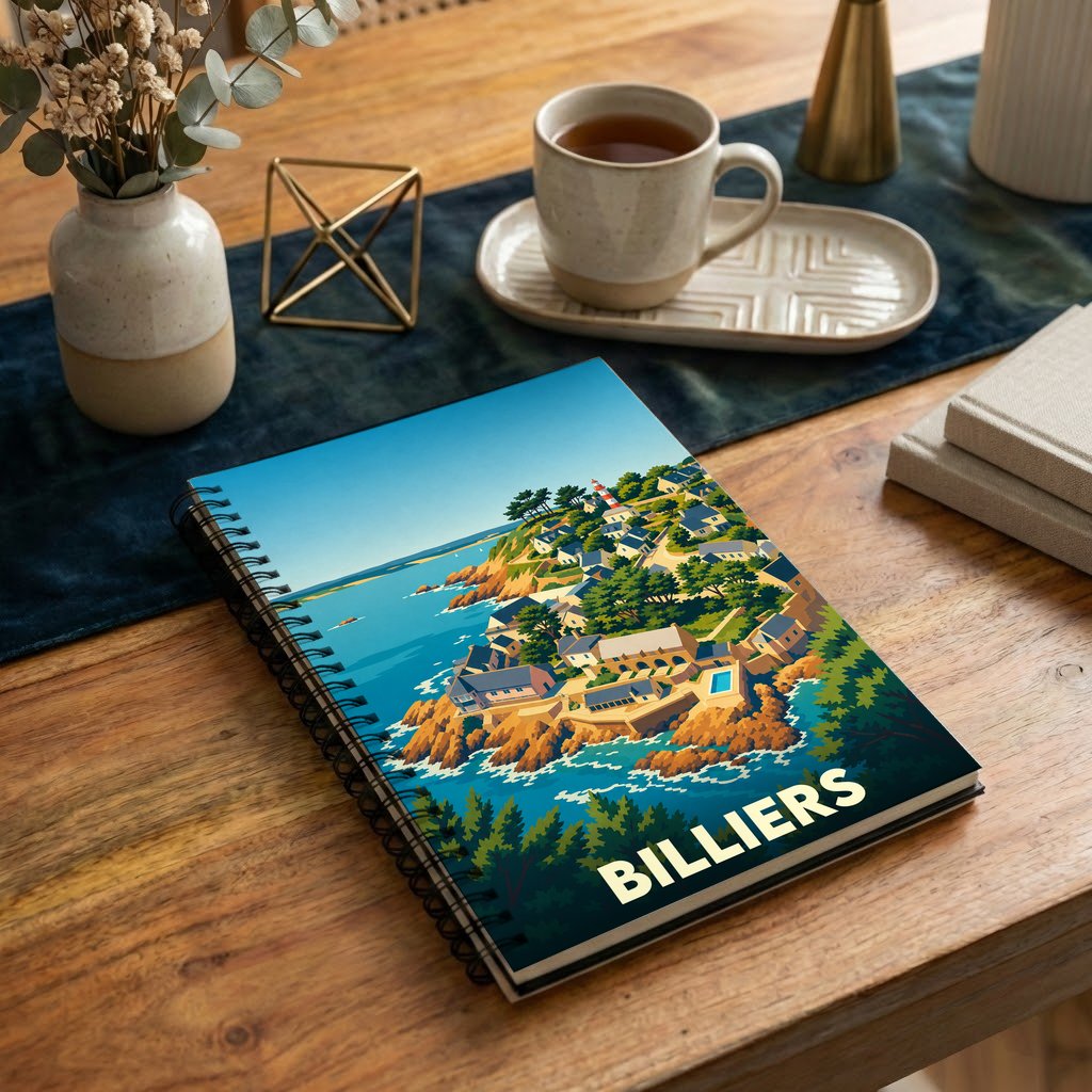 Carnet à spirale souvenir de la ville de Billiers avec une illustration stylisée de son littoral.
