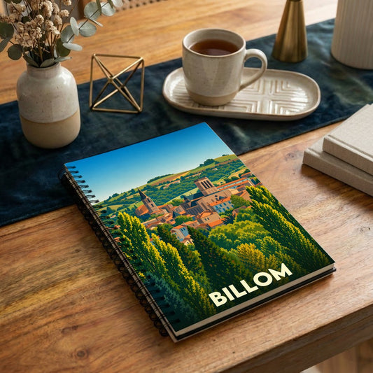 Carnet souvenir de la ville de Billom orné d'une illustration stylisée de son paysage urbain et de sa campagne environnante.