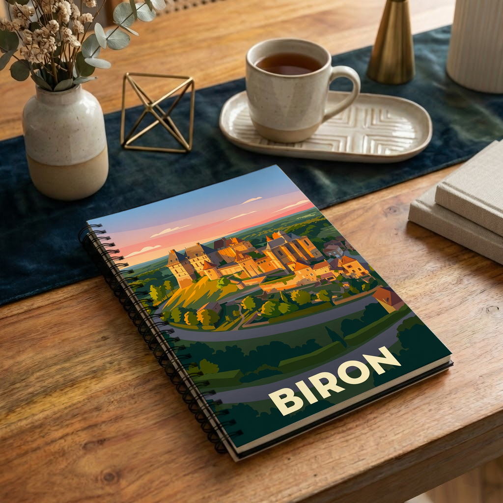 Carnet souvenir de la ville de Biron avec une illustration stylisée du château.