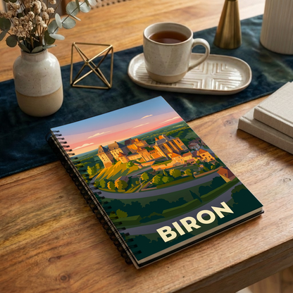 Carnet souvenir de la ville de Biron avec une illustration stylisée du château.