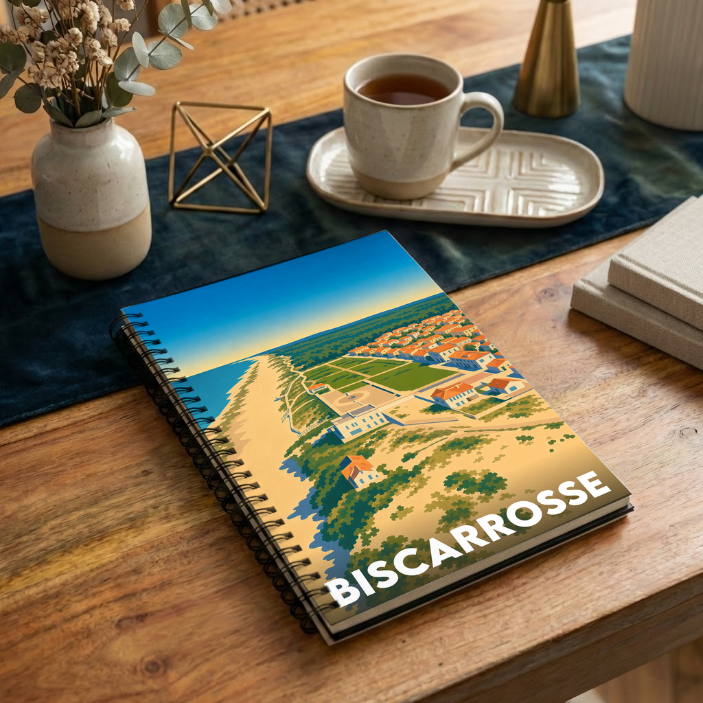 Carnet souvenir de la ville de Biscarrosse avec une illustration stylisée de son paysage côtier.
