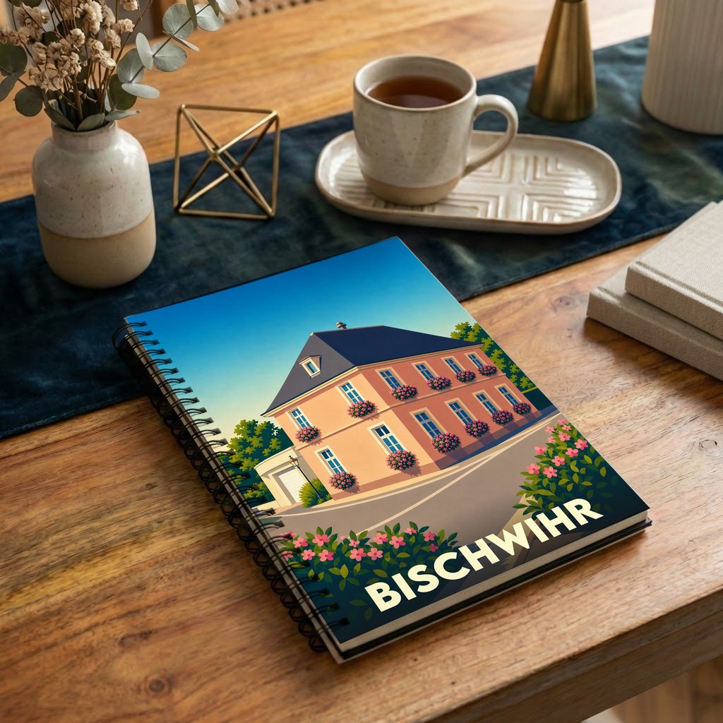 Carnet à spirales souvenir de la ville de Bischwihr avec une illustration stylisée d'une maison fleurie.
