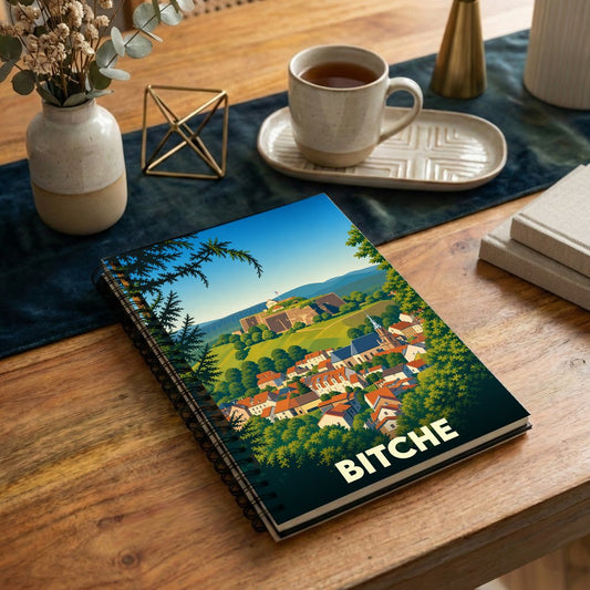 Carnet à spirales souvenir de la ville de Bitche illustré d'un paysage urbain stylisé.