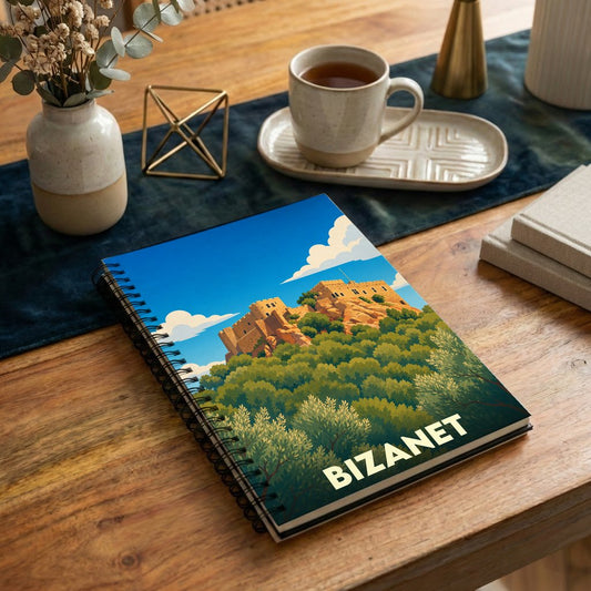 Carnet souvenir de la ville de Bizanet avec une illustration stylisée d'un château surplombant une colline boisée.
