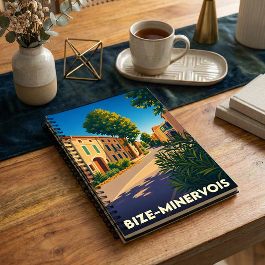 Carnet souvenir de la ville de Bize-Minervois avec une illustration stylisée d'une rue ensoleillée.
