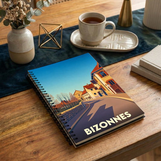 Carnet à spirales souvenir de la ville de Bizonnes avec une illustration stylisée.