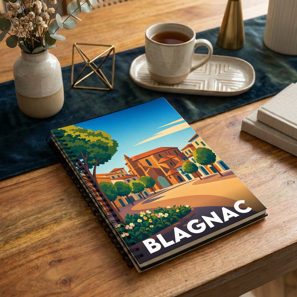 Carnet à spirales souvenir de la ville de Blagnac avec une illustration stylisée et colorée du centre-ville.