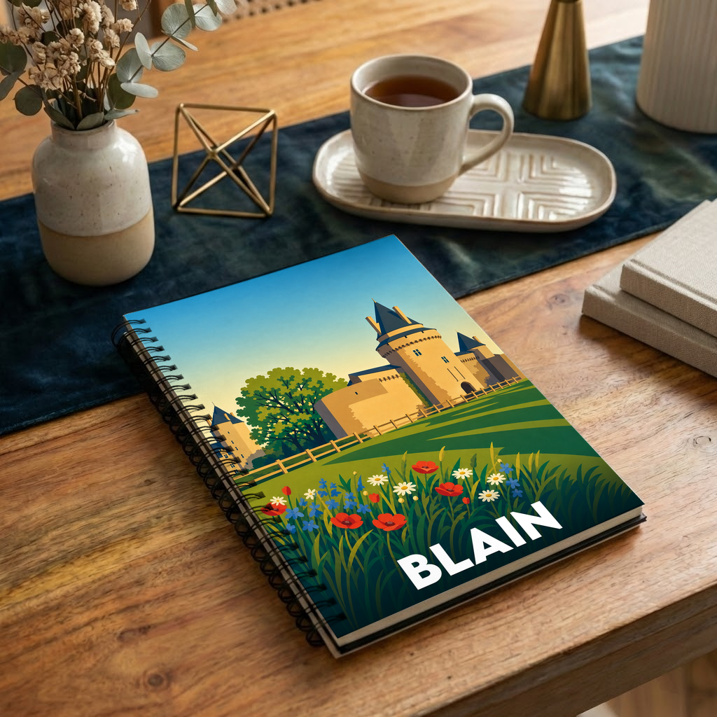 Carnet à spirales souvenir de la ville de Blain illustré d'un château stylisé dans un paysage champêtre.