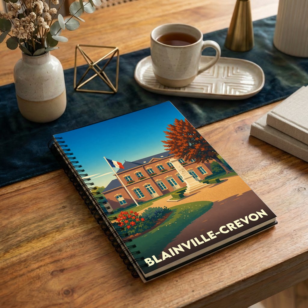 Carnet souvenir de la ville de Blainville-Crevon avec une illustration stylisée d'un monument historique.