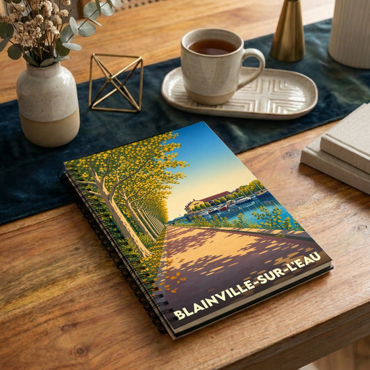 Carnet à spirales souvenir de la ville de Blainville-sur-l'Eau avec une illustration stylisée d'un quai arboré.