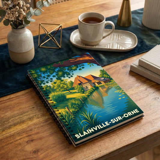 Carnet à spirales souvenir de la ville de Blainville-sur-Orne avec une illustration stylisée.