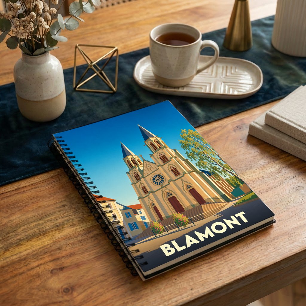 Carnet de notes souvenir de la ville de Blamont avec une illustration stylisée d'une église sous un ciel bleu.